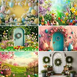 Spring Easter Background Green Wreath Rabbit Easter Egg Flower Grass Children's Party Decoration Photo Photography Background