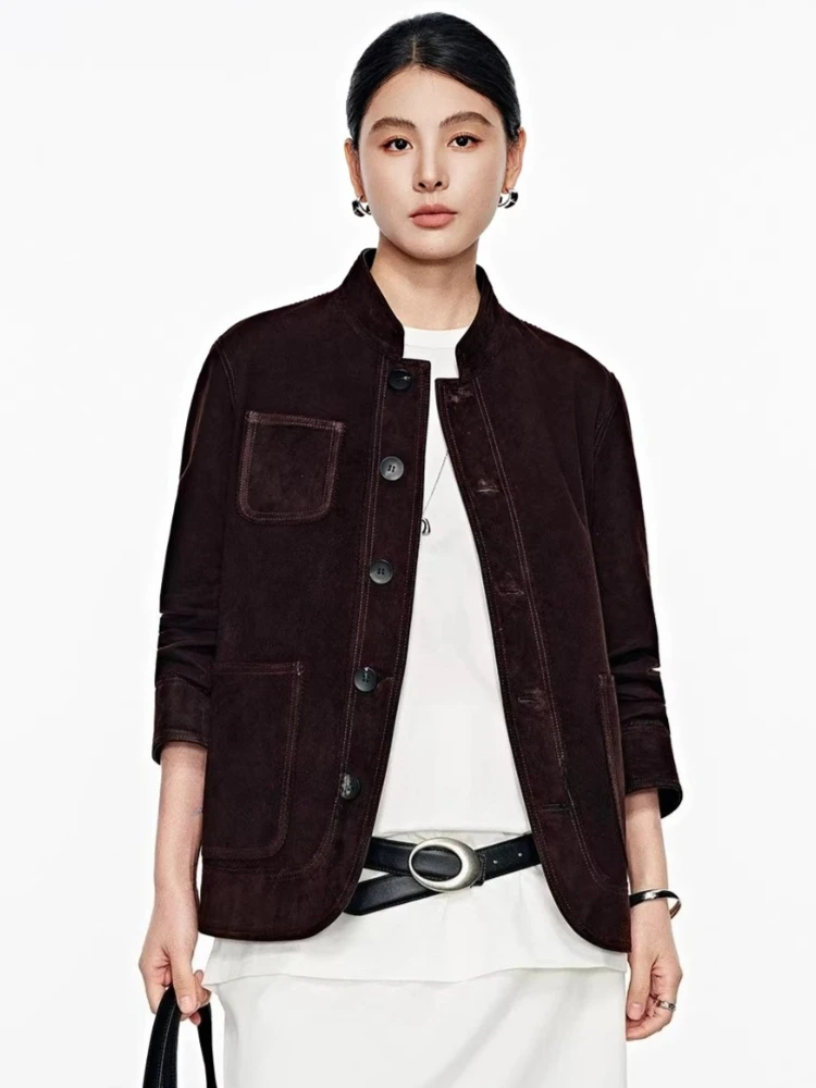 

Vintage Genuine Leather Jackets for Women Spring Autumn High-end Simple Stand Collar Double-sided Wear Real Sheepskin Suede Coat