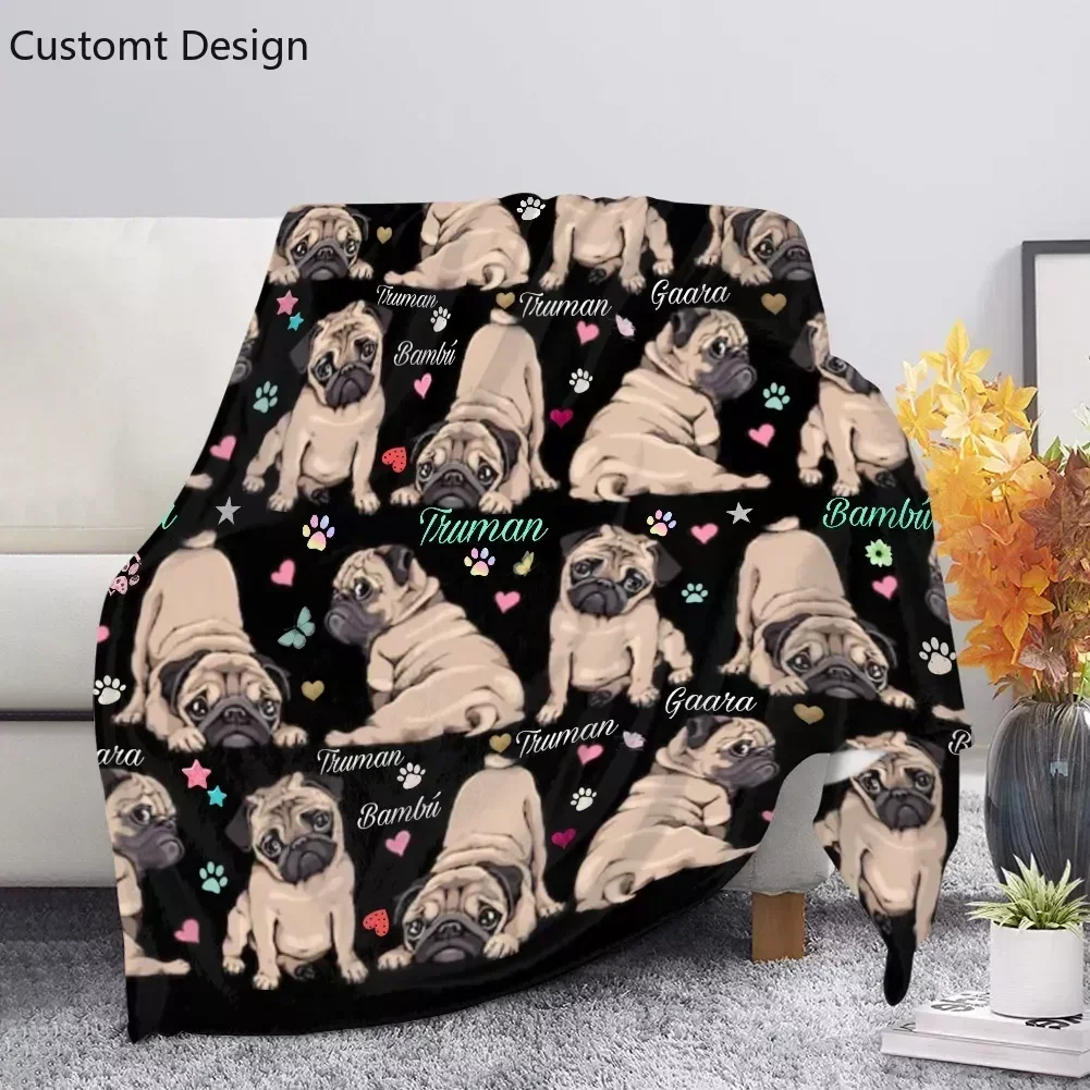 Funny Pug Dog Blanket Fleece Plush Throw Blankets Portable Bedspread Nap Shawl Bed Sofa Cartoon Animal Blanket Flannel Warm Soft