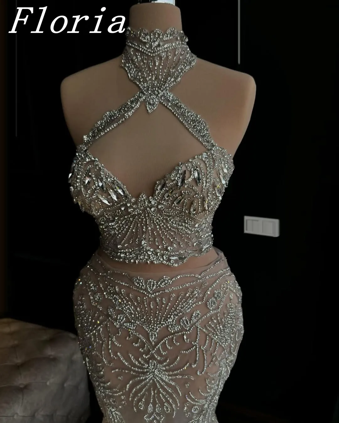 

Generous Full Handmade Rhinestones Mermaid Evening Party Dresses Crystals Beaded Halter Formal Occasion Dress Customized