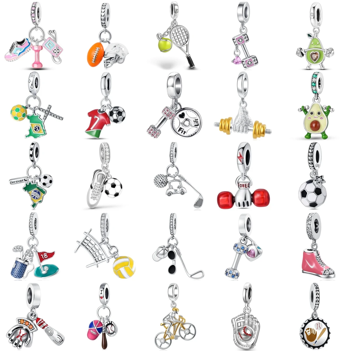 925 Sterling Silver Sports Fitness Charms Football Soccer Tennis Golf Dumbbell Sneaker Bicycle Sports Jewelry Gift