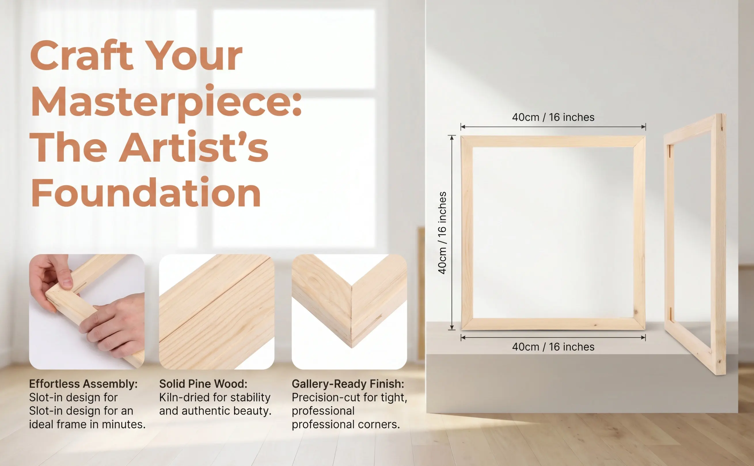 40x40cm Wood Canvas Frame Solid Natural Grain Smooth Polished Edges Easy Assembly Removable for Oil Painting Canvas Posters DIY