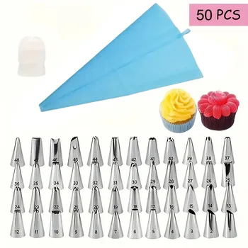 50PCS Piping Bags Cake Decorating Tools Kit Reusable Silicone Pastry Bag Stainless Steel N
