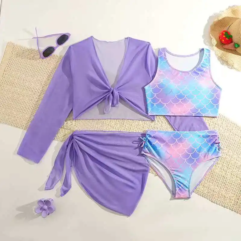 

Спортивный купальник для девочек 2026: комплект из 4 предметов (бикини, топ и пляжная юбка), детский купальный костюм для плавания