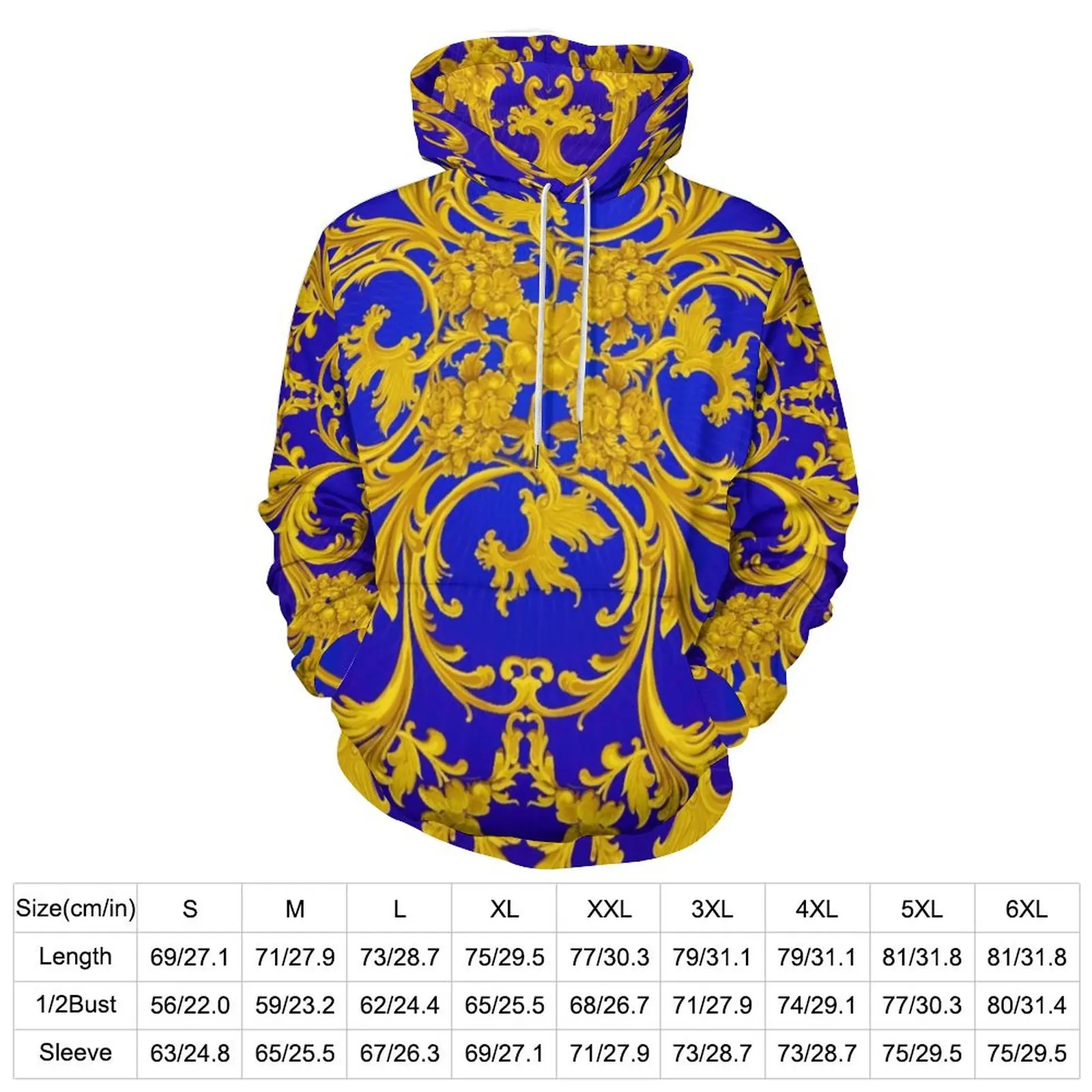 Baroque Floral Hoodies Blue and Gold Korean Fashion Casual Hoodie Long Sleeve Kawaii Printed Hooded Sweatshirts Big Size 4XL 5XL