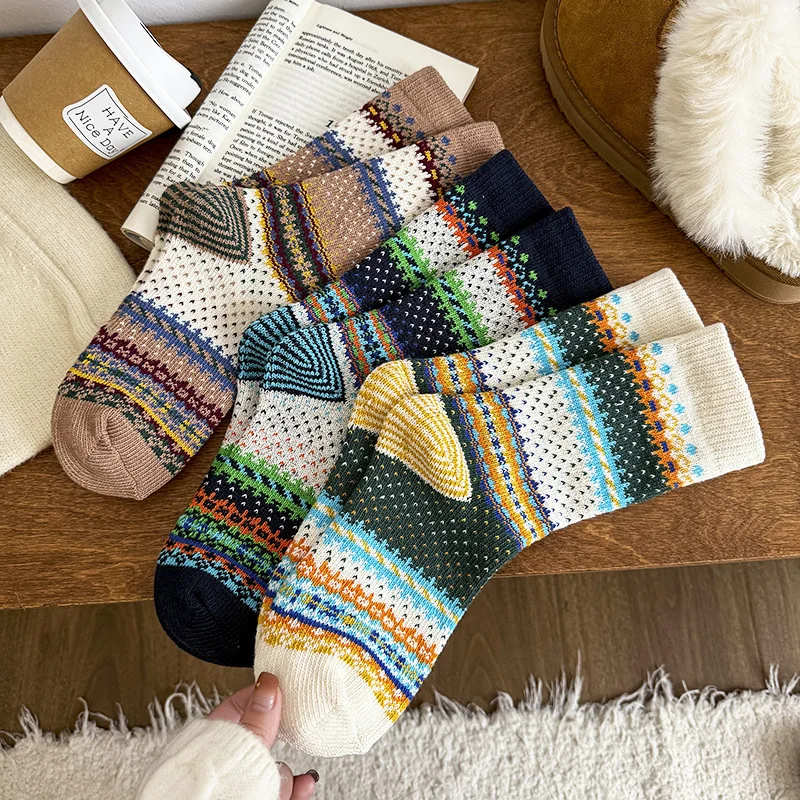 〔CC88〕Trendy Fair Isle Puppy Pattern Autumn and Winter Japanese Cute Mid-Calf Socks Bowknot Design Retro Cartoon Loose Socks