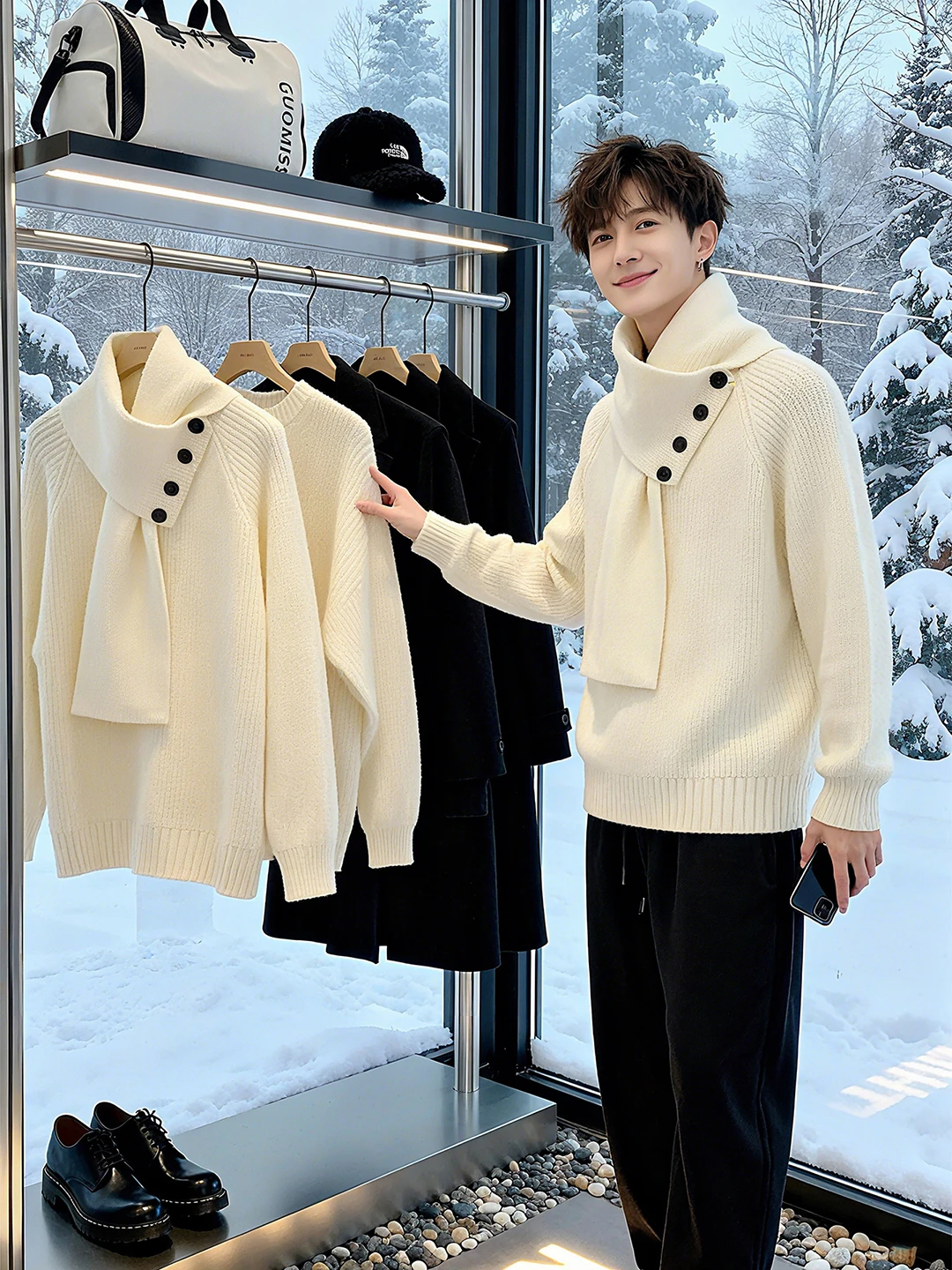 

Autumn Winter Men's Loose Fit Long Sve Knitted Sweater High Collar Button up Casual Top Comfortable Soft Fabric Youth Faion