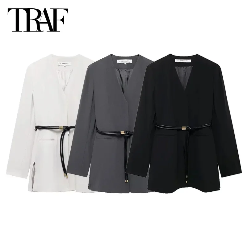 TRAF White Belt Long Blazer Woman Autumn Office Women's Blazers Long Sleeve Button Blazer Women Streetwear New in Outerwears