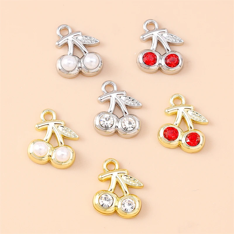 5 Stück 11x13mm Niedliche Mini-Kristall-Metall-Frucht-Kirsch-Anhänger für Schmuckherstellung, Halsketten, Ohrringe, Armbänder, DIY-Bastelgeschenk – Detail 3