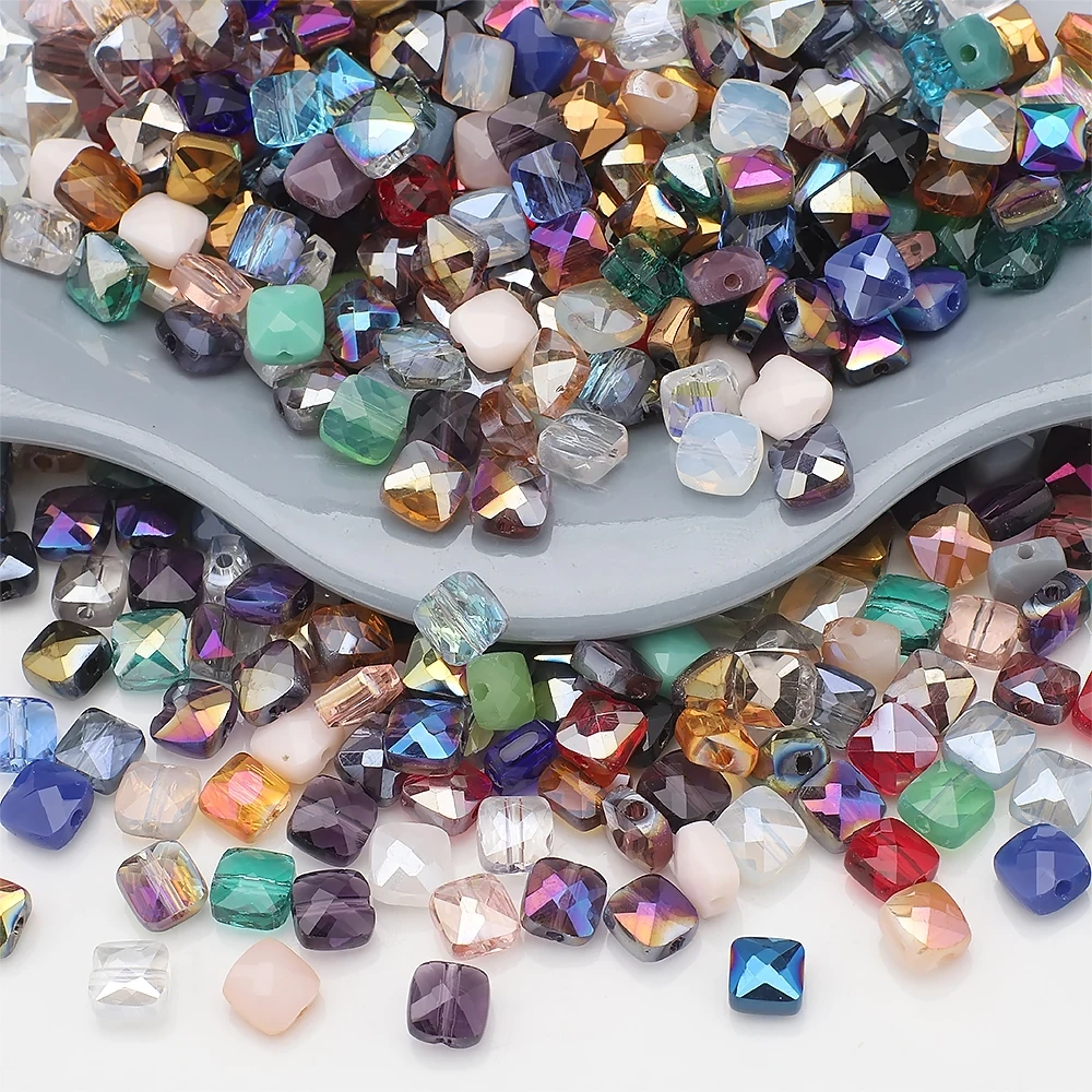 50Pcs 6mm Austrian Crystal Cube Beads Flat Square Shape Glass Loose Beads for Jewelry DIY Making Bracelet Earing Accessories