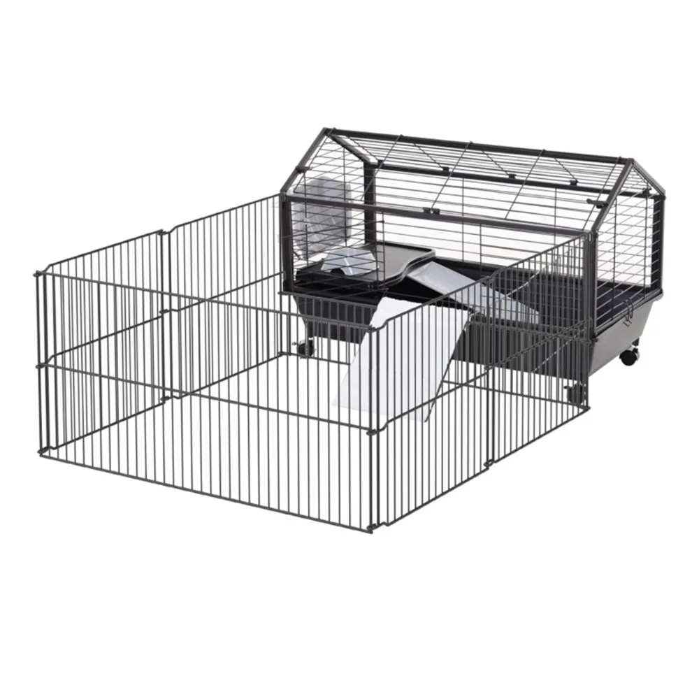 

Foldable Large Playpen with Fleece Ramp & Rolling Base - Spacious Steel-Wire Habitat for Small Rabbits & Pets