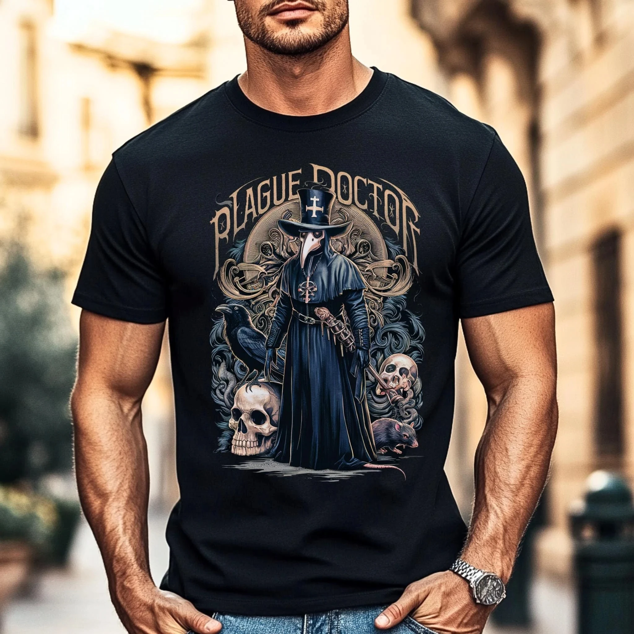 Pest Arzt T-Shirt Gothic Skull Design T-Shirt Dunkle historische Kunst Mittelalter Arzt Shirt Einzigartige Gothic Herren Kleidung Bequem