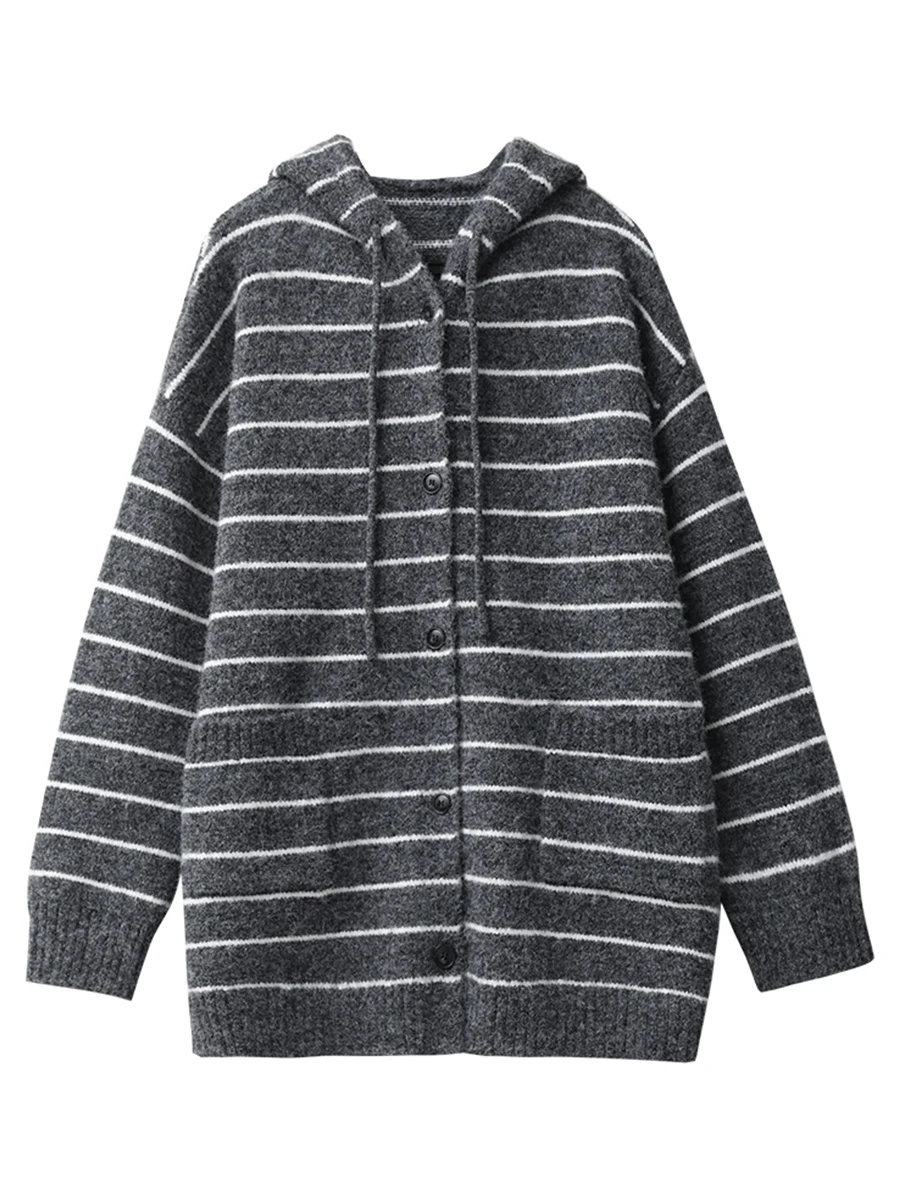 سترة نسائية كورية أنيقة من CHIC VEN سترات محبوكة فضفاضة غير رسمية مع قلنسوة برباط علوي سترة نسائية لخريف وشتاء 2025