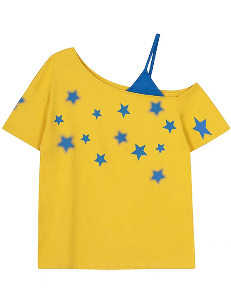 100% Cotton Off-Shoulder Top Women Fake Two-piece Set Y2k Star Graphic Oversize Short sleeve T shirt With Strap Summer Tees