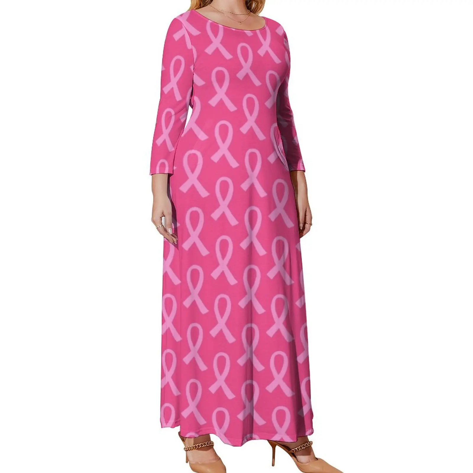 

Breast Cancer Pink Ribbon Pattern Long Sleeved Dress Women's summer suit elegant guest wedding dress