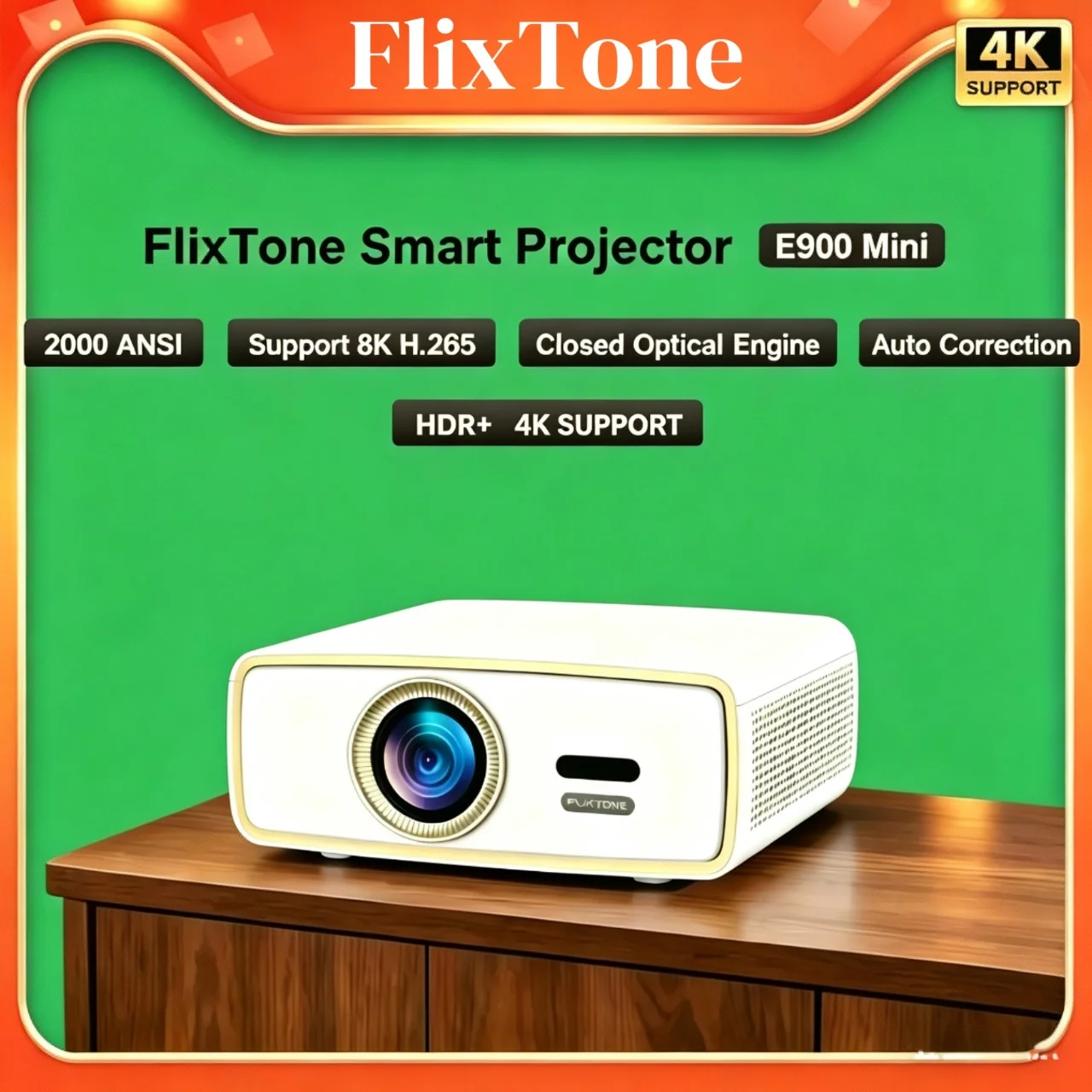 

Мини-проектор Flixtone E900 с поддержкой декодирования 4K, портативный Android Smart TV с HDR10 для домашнего кинотеатра, идеально подходит для кемпинга