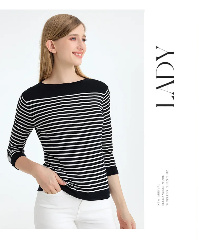 MadBlack-45%Silk 55%Lyocell Elegant Knit T-Shirt, 3/4 Sleeve O Neck Striped, Women Fashion Commute Top, 2026 Summer New T65716CC