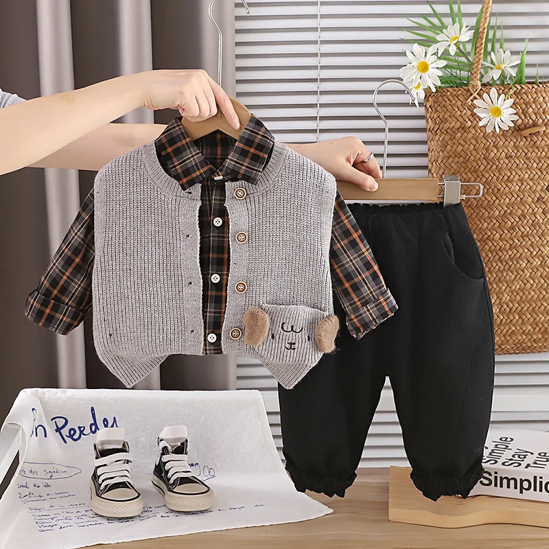 Kids Clothing 2026 Spring Autumn New Baby Boy Clothes Korean Cute Cardigan Vest + Plaid Shirt + Pants 3 Piece Boys Outfit Set