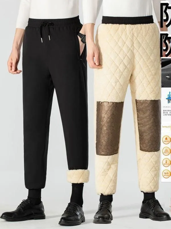 Men's Cotton Trousers Winter Outdoor Wear Lamb Velvet Windproof Sweatpants Cold Proof Knee Pad Fleece Warm Casual Long Pants