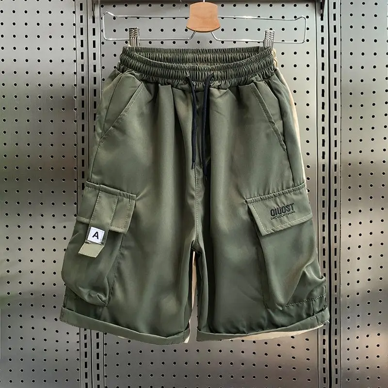 Summer Pocket Patchwork Loose Work Shorts Solid All-match Elastic Waist Street Casual Wide Leg Pants Fashion Trend Men Clothing