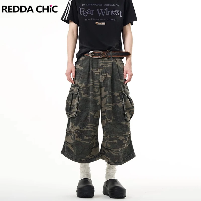 REDDACHIC Flap Pockets Camouflage Baggy Jeans Jorts Men Pleated High Waist Loose Wide Denim Cargo Shorts Vintage Y2k Streetwear