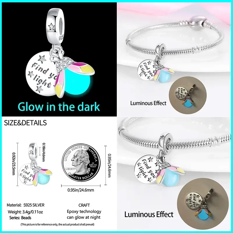 925 Silver Glow in The Dark Firefly Honeybee Star Beads Fit Pandora 925 Original Bracelets DIY Charms for Jewelry Making Gift