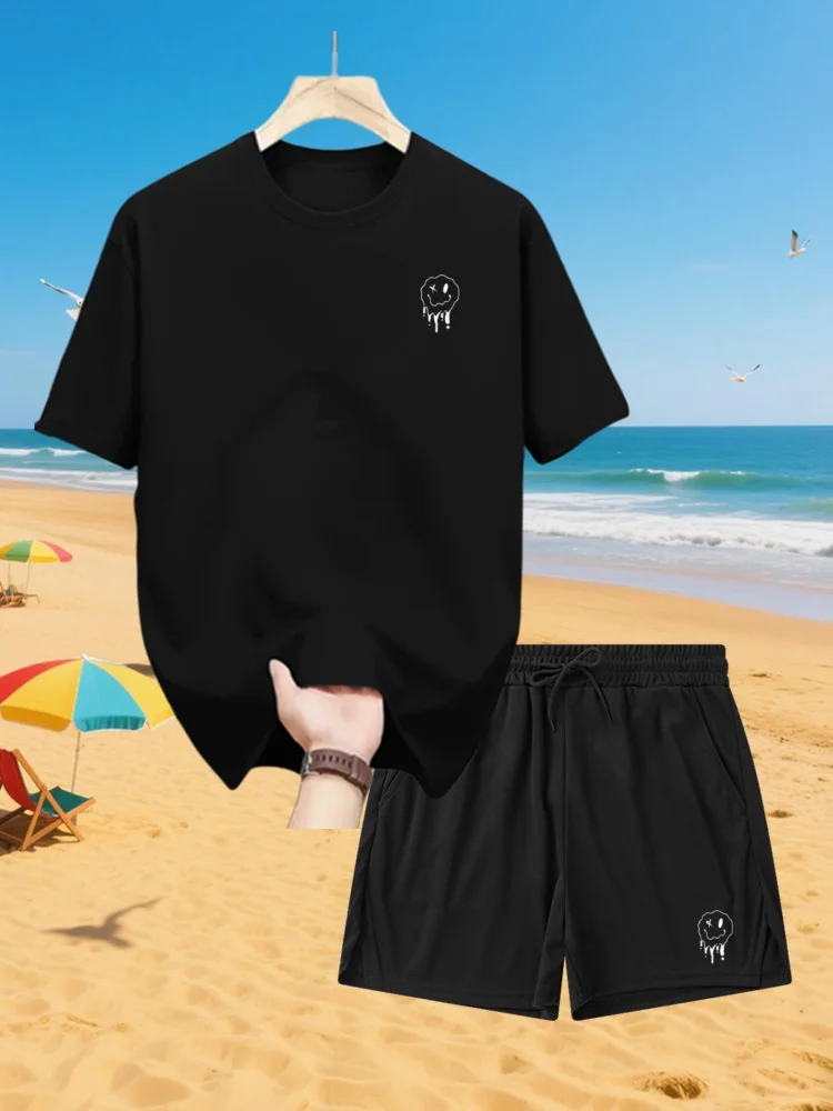 

A Funny Smile Face That Is About To Melt Printed Tshirt Men Fashion Oversize T-Shirt Summer Loose Casual Tees Short Pants Suit
