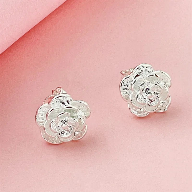 

925 Sterling Silver Earrings 3D Flower Women's Simple Fashion Earrings Birthday Anniversary Wedding Jewelry Gift