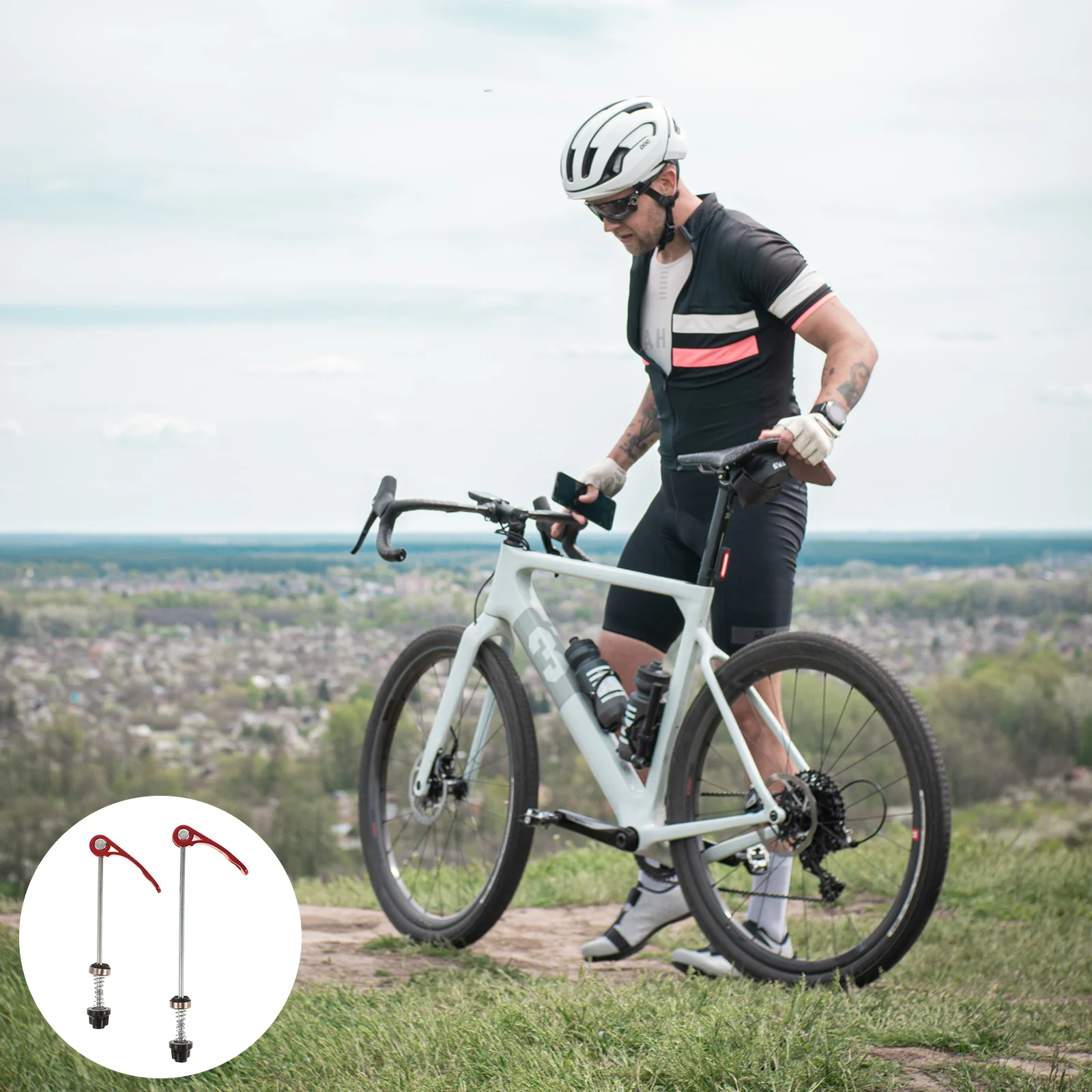 

2Pcs Bike Front Rear Hub Axle Set Quick Release Mechanism Red Anodized for Road Fast Tire Changes Reliable Grip