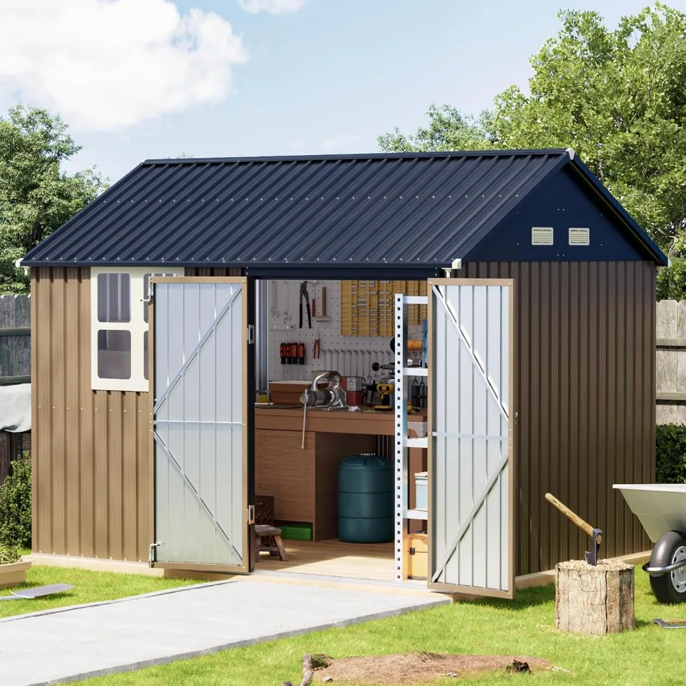 

Outdoor Steel Storage Shed 8x10FT - Clear Window, Lockable, Weather-Resistant for Garden and Backyard