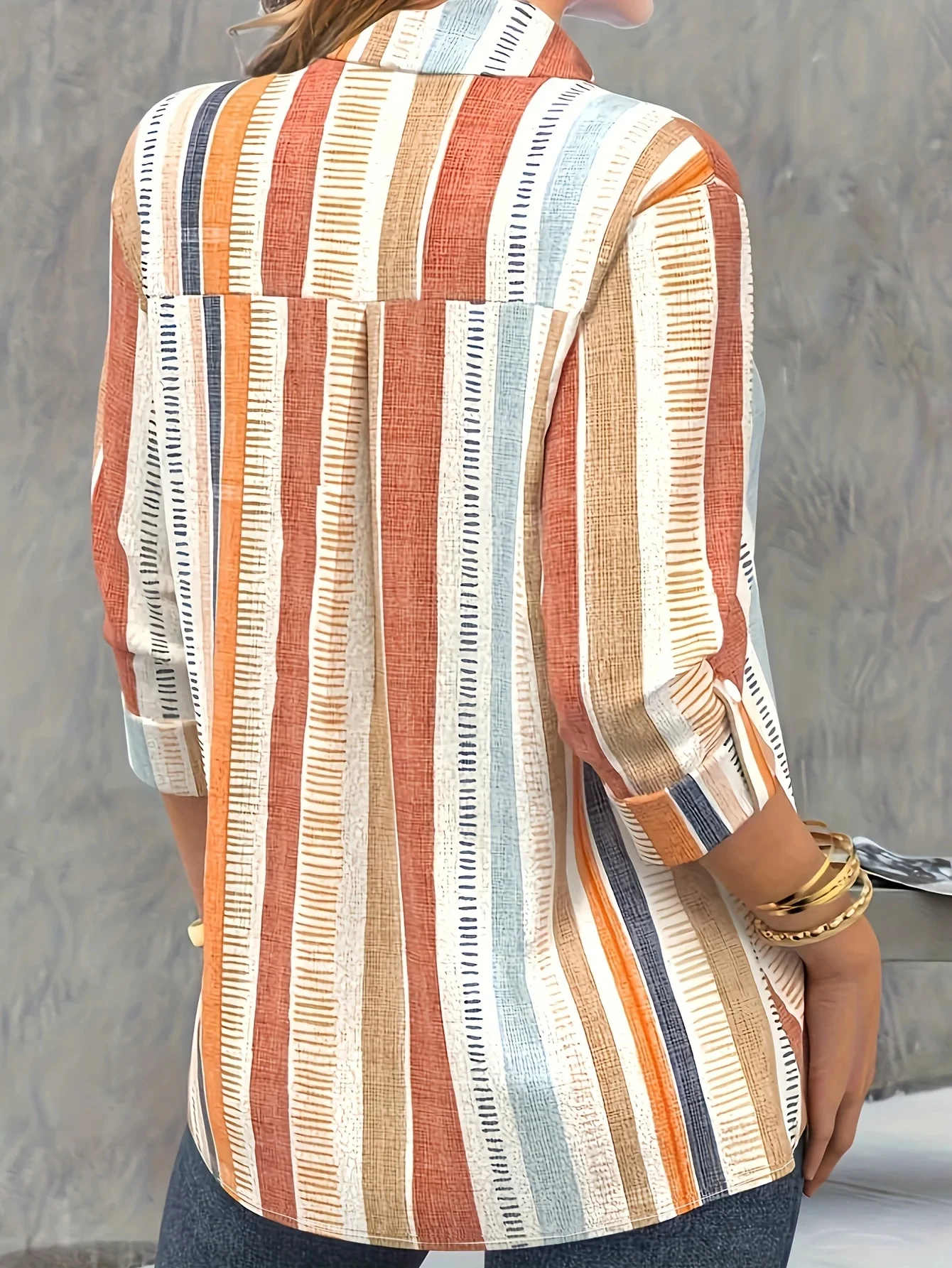 Fashion Woman shirts & blouse Orange striped print Button Long Sleeve Shirt 2024 Spring & Fall Female clothing blouses Tops