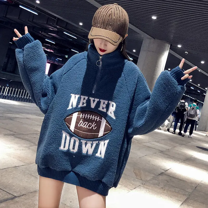 Y2k New Women's Lambswool Sweatshirt Turtleneck Long Sleeve Jackets Hoodie Tops Loose Korean Fashion Padded Thick Warm Pullover