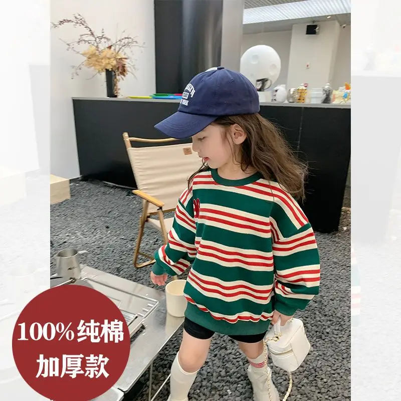 

Girls' Autumn Sweater Thickened Contrast Color Striped Cotton Autumn Clothes Boys and Girls Warm Bottoming Casual Top