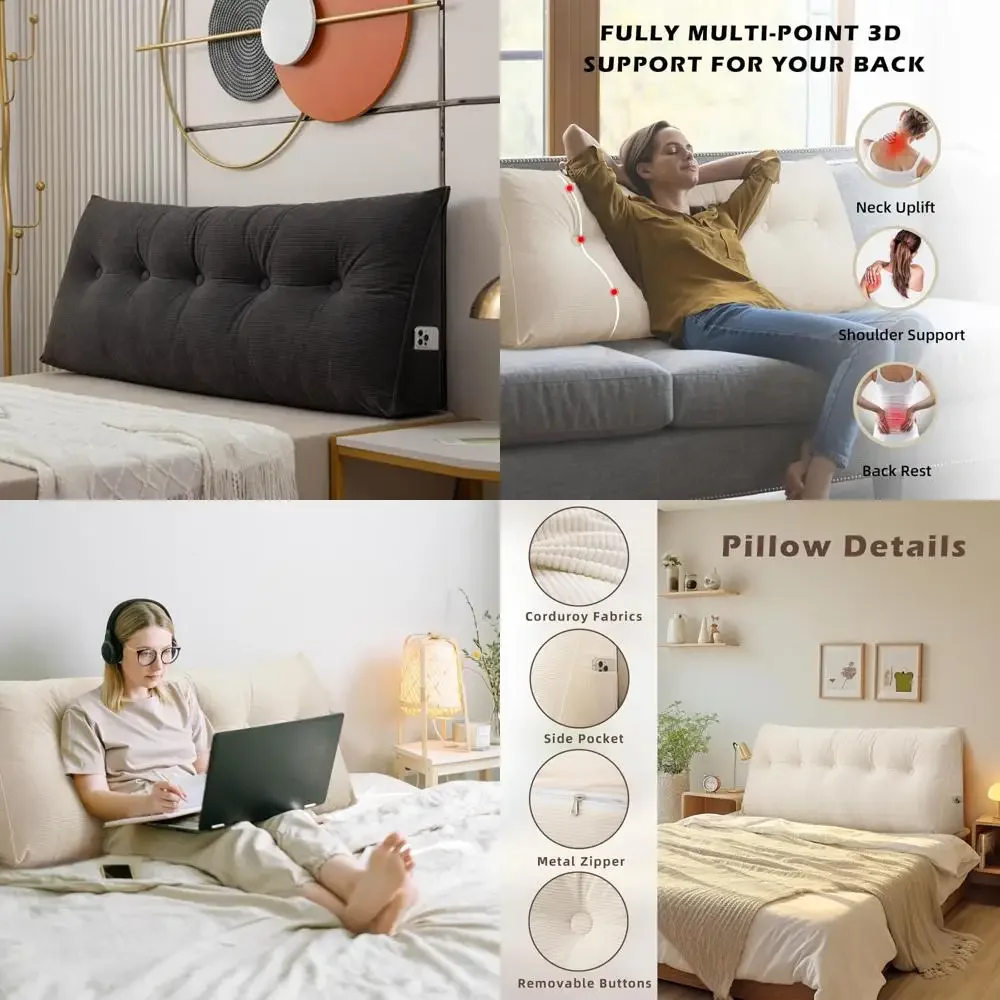 

Twin Size Black Corduroy Wedge Bolster Pillow with Side Pocket for Headboard Support and Comfort