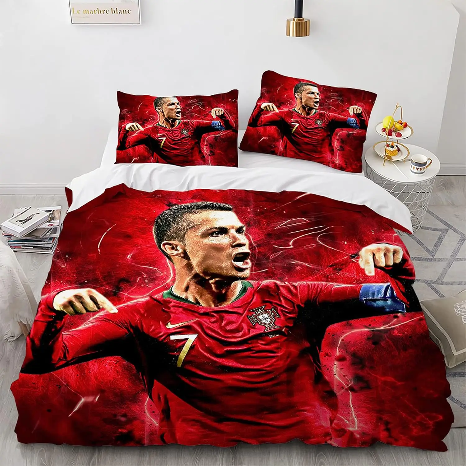 3-Piece Duvet Cover Set with 2pillowcase Smooth Zipper CR7 Printed Bedding Set, Soft and Breathable Quilt Cover Child Adult Gift