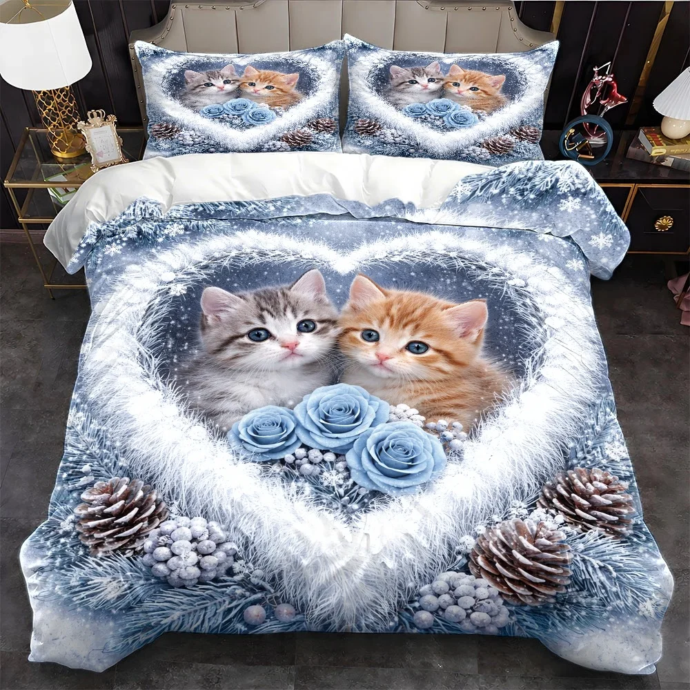 3Pc Cute Cat and Floral Theme Duvet Cover Set, Three-Piece Bedding Set (1*Duvet Cover + 2*Pillowcases), Suitable for All Seasons, Machine Washable, Invisible Zipper Design, Large Double Bed Cover Set, Suitable for Home, Dorm, Master Bedroom, Guest Room, Christmas-Themed Plush Heart Cat Print Bedding, Skin-Friendly and Comfortable Three-Piece Bedding Set, Duvet Cover with Pinecone and Berry Decorative Patterns, Hot-Selling Bedroom Bedding Set 2D Flat Print