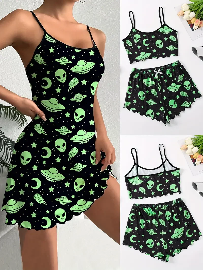 Women\'s Cartoon Alien & UFO Print Frill Trim Casual Pajama Set Round Neck Backless Slip Dress & Crop Cami Top & Shorts Nightwear