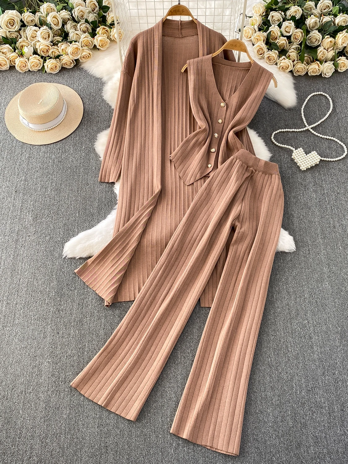 الخريف الشتاء فضفاض Sle منتصف طول محبوك سترة مفتوحة معطف سترة سيدة + بنطال ذو قصة أرجل واسعة تي شيرت مجموعة Faionable Casu...