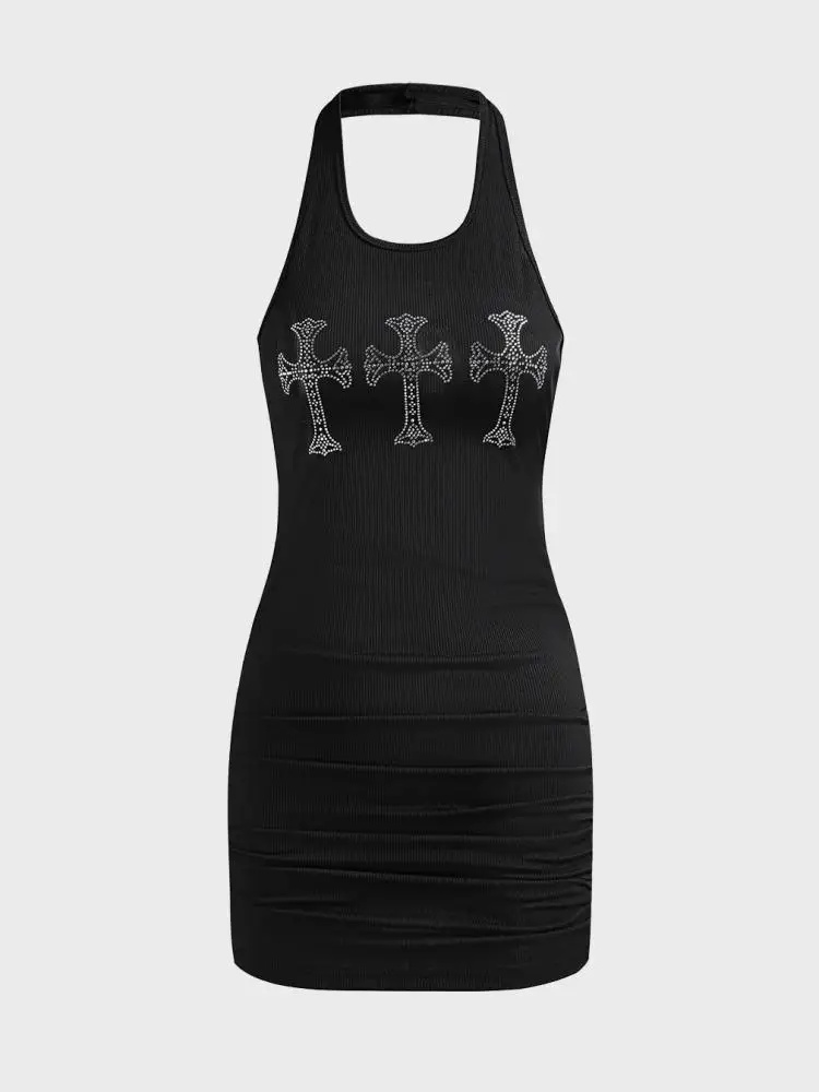 فستان Y2K جديد لعام 2025 بتصميم فتاة ساخنة متقاطعة ماسية بدون ظهر، فستان أسود بدون أكمام على الطراز القوطي