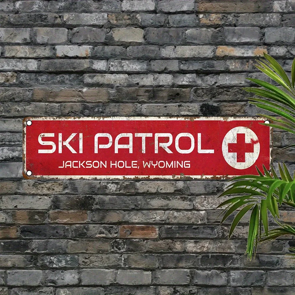 Panneau décoratif en métal Ski Patrol Jackson Hole, Wyoming - Plaque murale en aluminium pour la maison, le garage