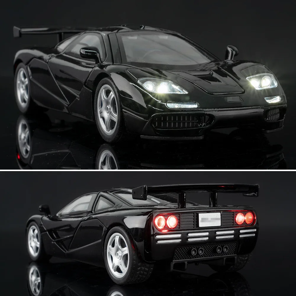1:32 McLaren F1 XP4 XP5 1933 Supercar Metalowy Model Auta z Odlewu Stopu z Dźwiękiem i Światłem, Napędem Pull-Back, Zabawka dla Dzieci, Prezent na Święta