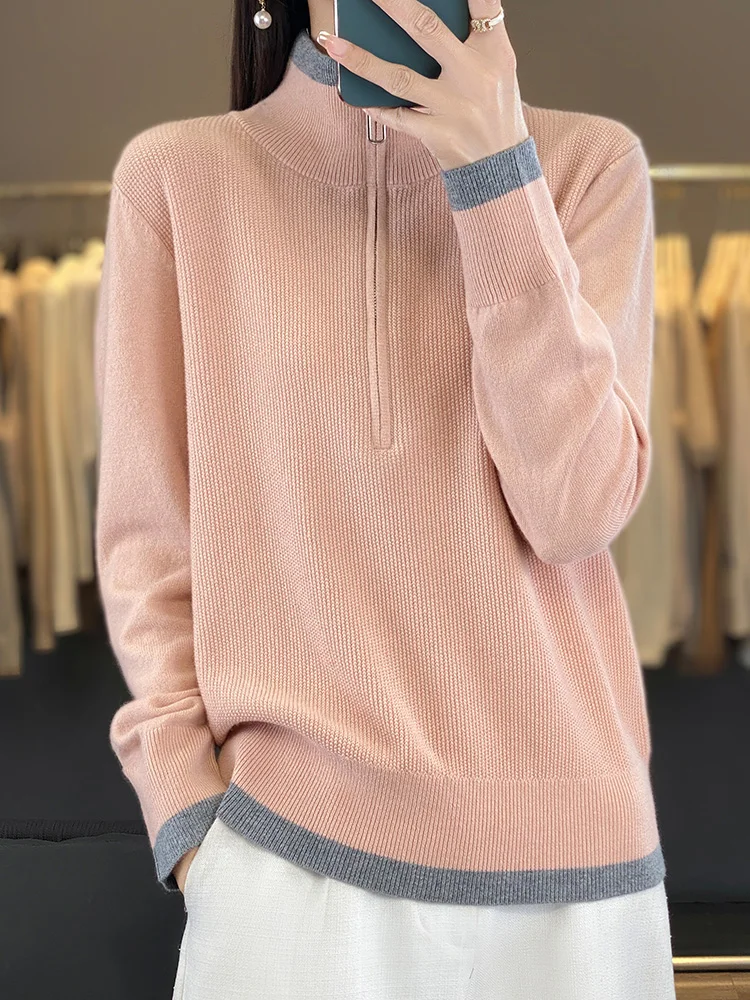 Fashion Women Zipper Mock-neck Pullover 100% Merino Wool Sweater Autumn Winter Casual Warm Color Knitwear Jumper Clothing