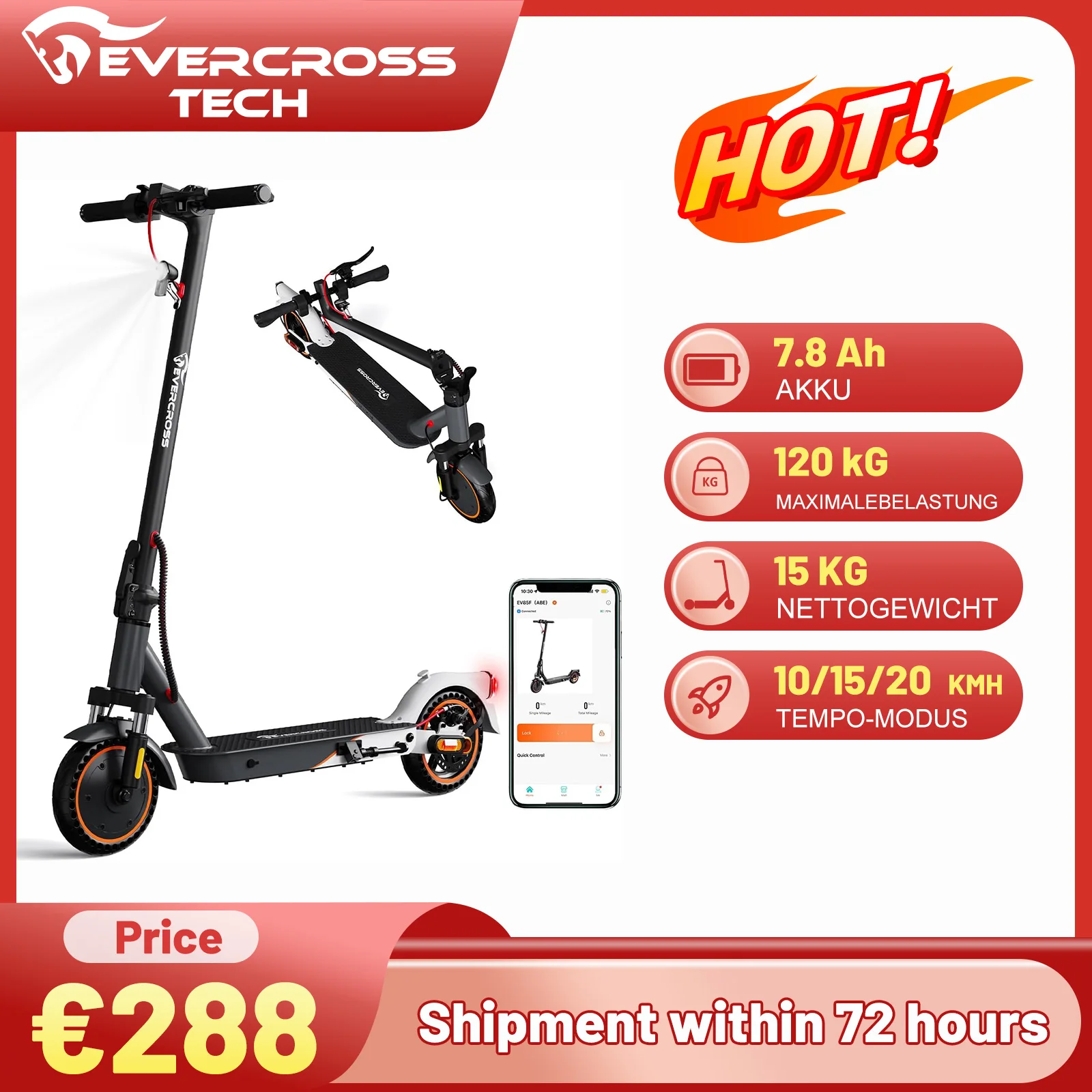 EVERCROSS TECH EV85F E-Scooter mit Straßenzulassung (ABE), Faltbarer Elektroroller für Erwachsene mit APP - 400W Motor, 7,8AH