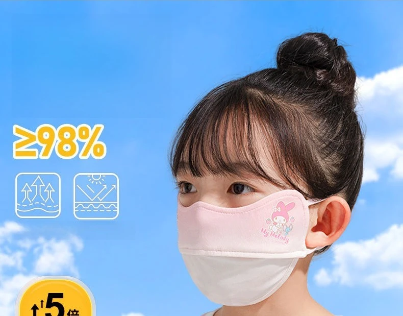 Miniso 어린이 마스크 Sanrio 새 모델 3-10 년 태양 보호 및 UV 세척 가능 남성과 소녀를위한 통기성 얼음 실크 마스크