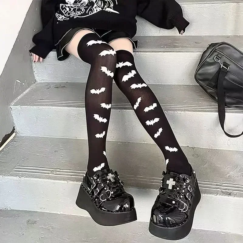 Subcultura clásica Lolita negro gótico medias lindas Halloween niñas gótico Punk Retro telaraña calavera murciélago muslo calcetines largos altos