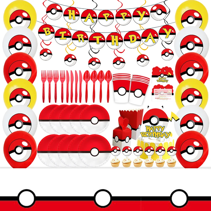 Pokemon Party Supplies Pikachu Party Dla Dzieci Happy Birthday Dekoracje Balony Tło Obrus Baner Zestaw Zastawy Stołowej