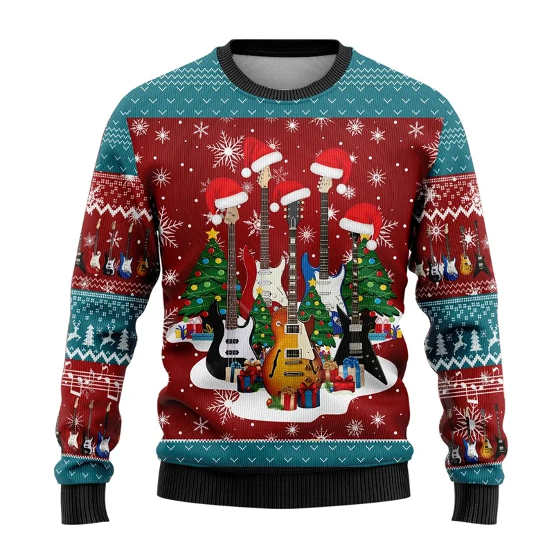 Guitar Christmas Sweaters For Men Clothes Music Cheer Graphic Sweatshirts Harajuku Musical Instrument Women Sweaters Unisex Tops