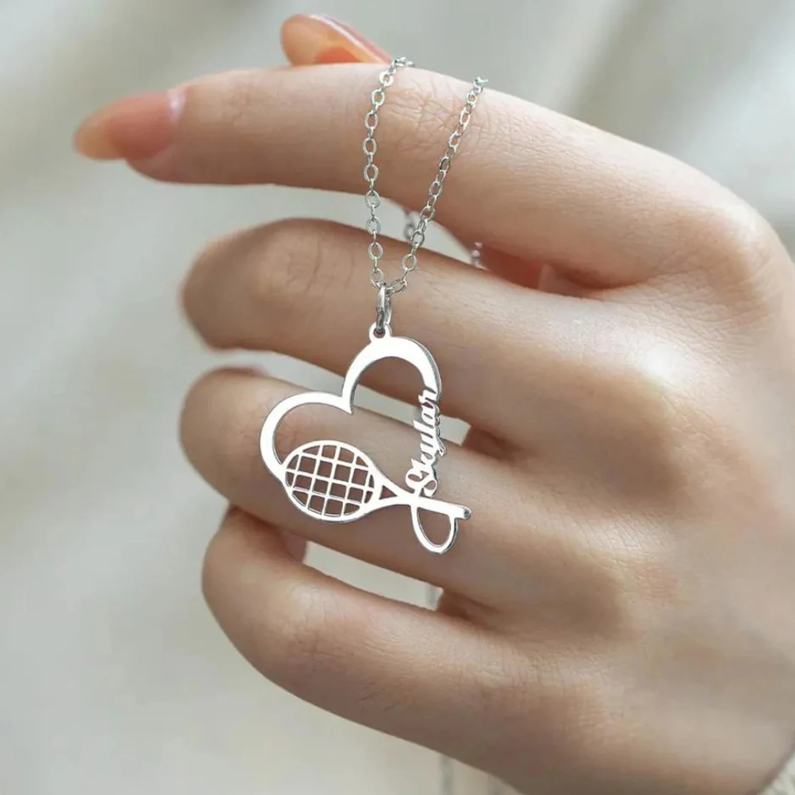 Custom Love Tennis Racquet Name Necklace Stainless Steel Jewelry Sports Personalized Pendant Valentine's Day Gifts 2026 Trend - Detail 1