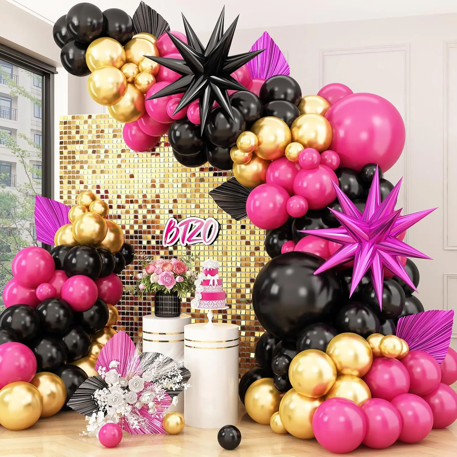 108Pcs Hot Pink Black with Star Foil Balloons Arch Kit,for Birthday Baby Shower Wedding Engagement Anniversary Party Decorations