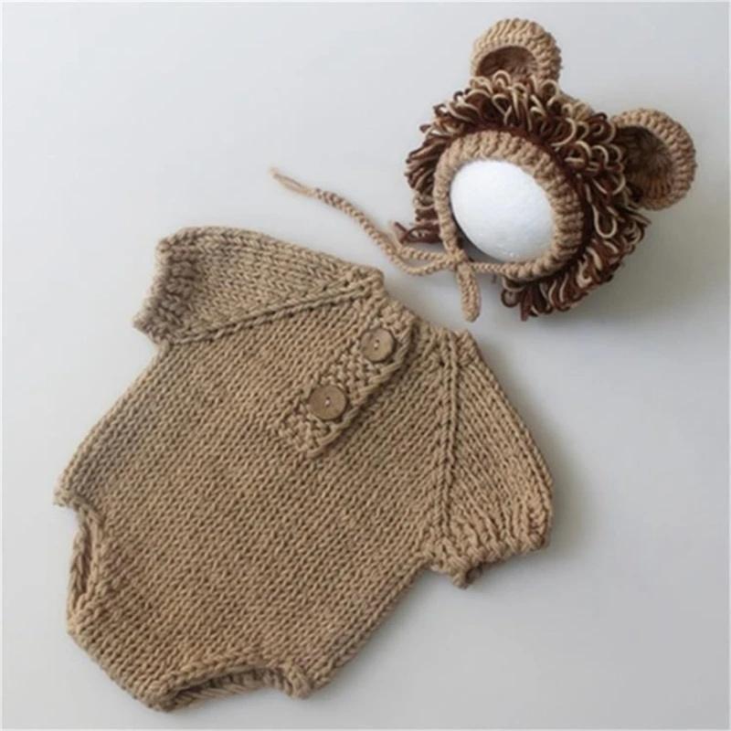 Newborn Photography Props 2pcs/set Boy Girl Costume Set Lion Animal Crochet Knit Handmade Jumpsuits Hat Baby Lion Suit